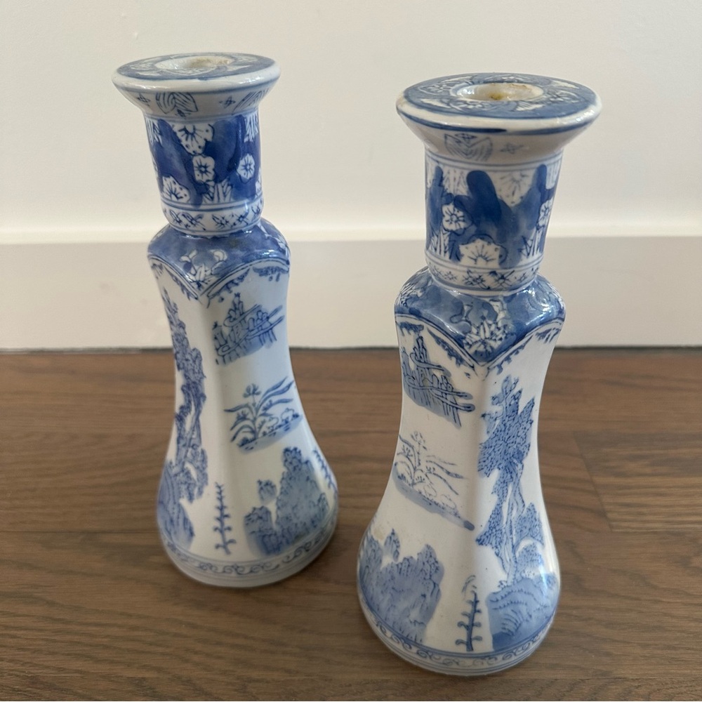 Two Vintage Williams Sonoma Chinoiserie Hand Painted Candle Holders Blue, White - Picture 6 of 9